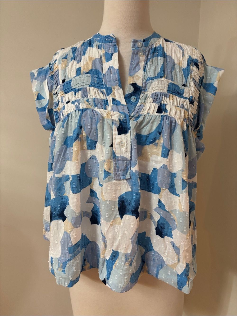 Laroque Blue Abstract Print Cotton Smoked-Yoke Top S